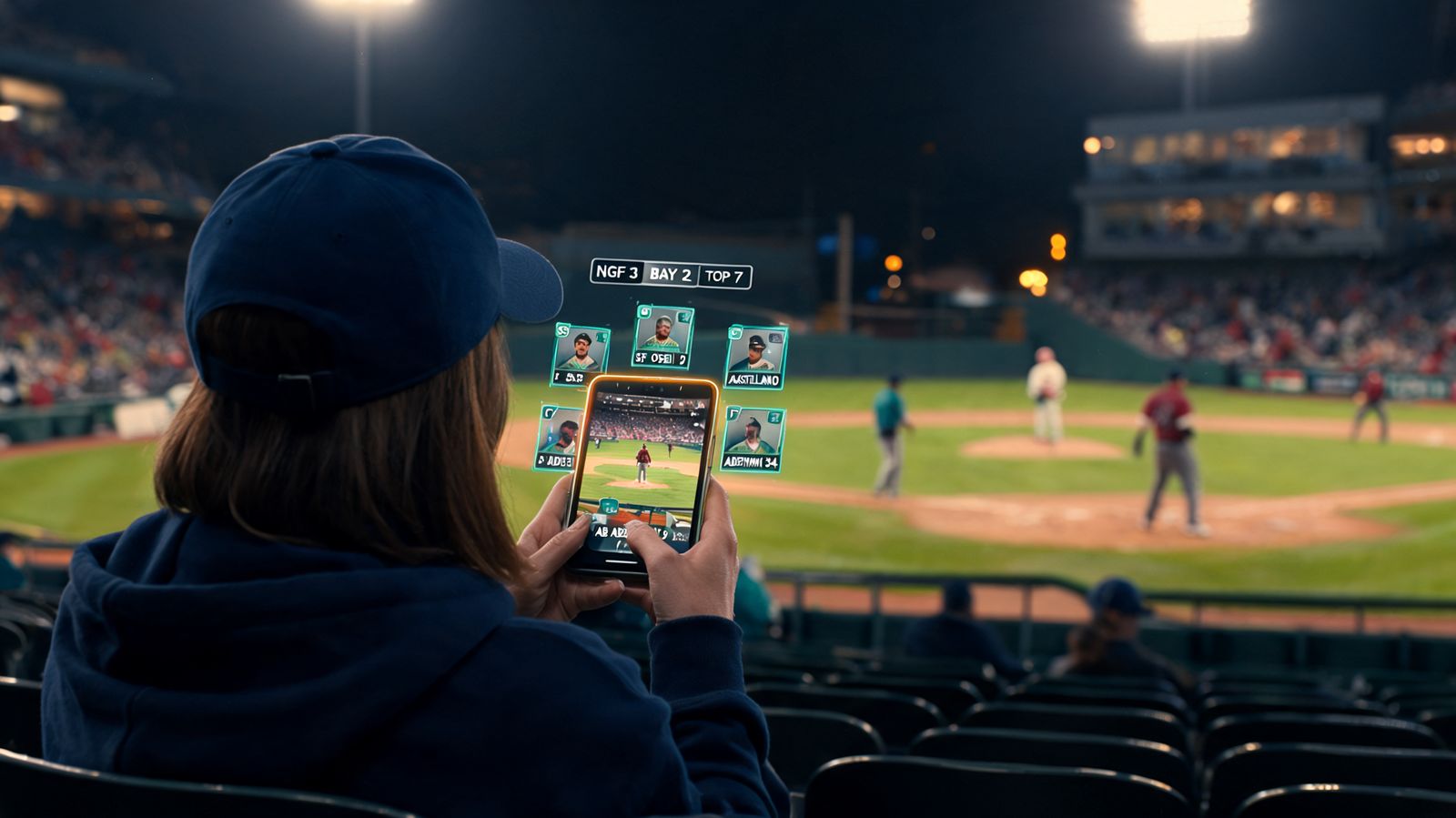 A fan in the stands at a night game holds up a phone; on the field, name cards float over each player.