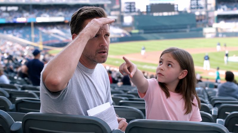 A father shades his eyes while his daughter points at the field and asks who a player is.