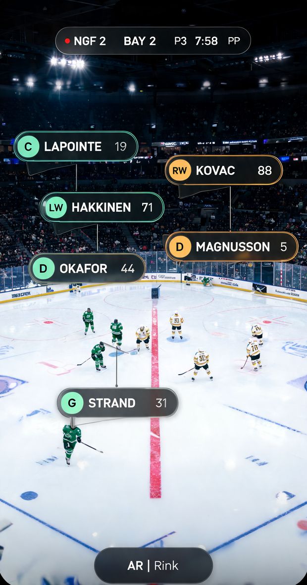 Spotter XR hockey concept: skaters on the ice with name cards.