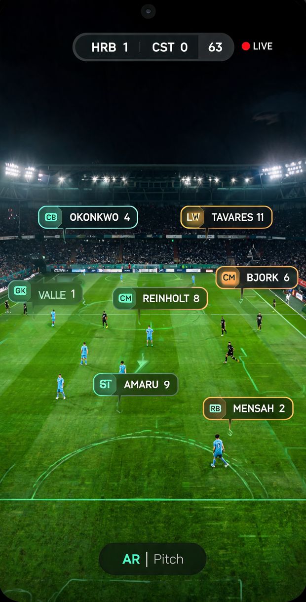 Spotter XR soccer concept: name cards over players on the pitch, labeled by formation slot.