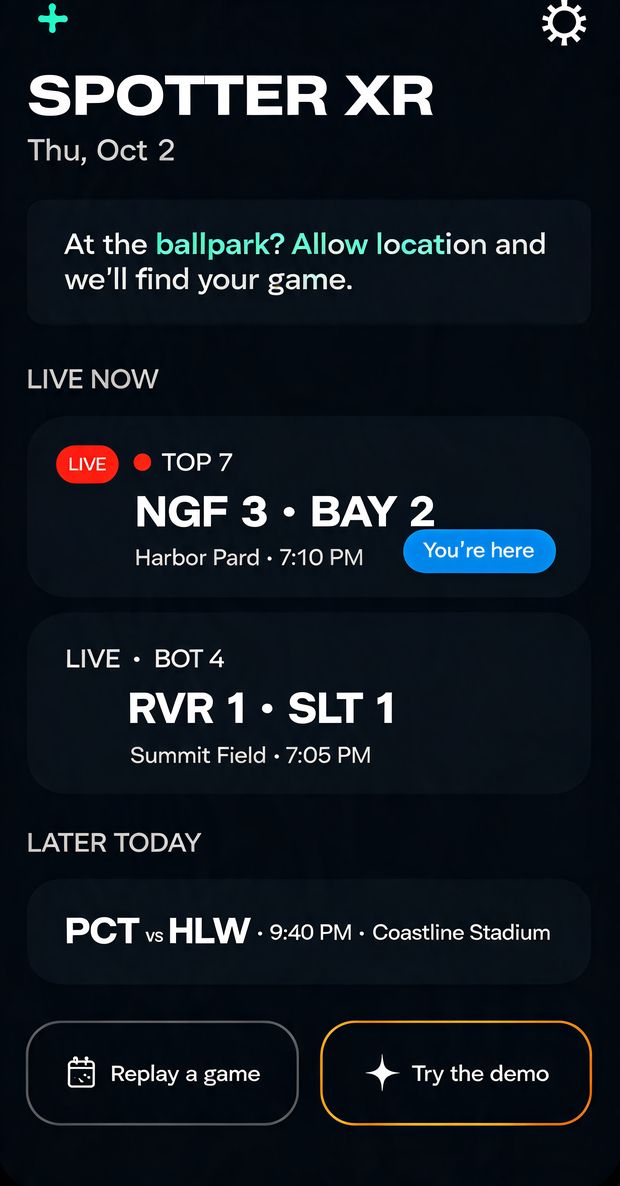 Home screen: tonight's live games, a 'you're here' badge for the park you're at, replay and demo buttons.